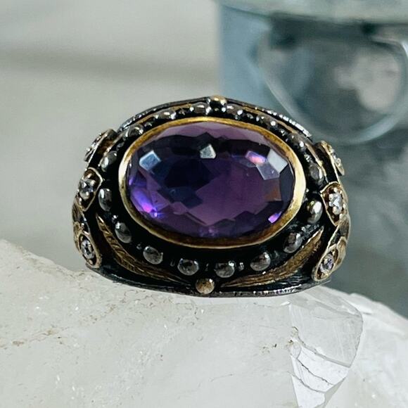 Vintage Jewelry - Vintage Sterling Amethyst Glass Turkish Cocktail Ring 8.5